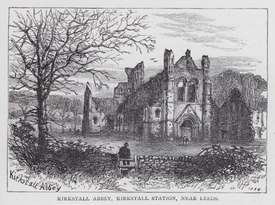 Kirkstall Abbey, Kirkstall Station, nær Leeds (gravering) af English School