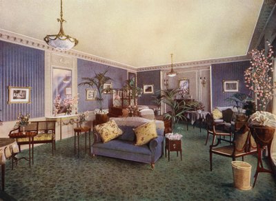 Kvinders skriveværelse, Waldorf Hotel, London (farve litho) af English School