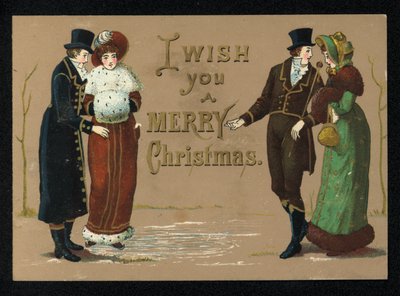 Mine damer og herrer i vintertøj, julehilsen. (chromolitho) af English School