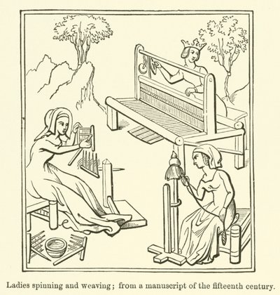 Frauen beim Spinnen und Weben, aus einem Manuskript des fünfzehnten Jahrhunderts von English School