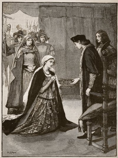 Lady Catherine Gordon før Henry VII, illustration fra Cassells Illustrated History of England (sepia foto) af English School