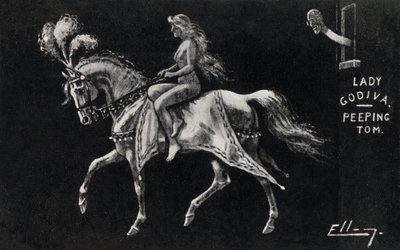 Lady Godiva rider nøgen på hesteryg gennem Coventrys gader, overvåget af en peeping Tom (litho) af English School