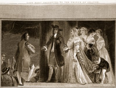 Lady Mary præsenterede for Prince of Orange, illustration fra David Humes The History of England, pub. af R. Bowyer, London, 1812 af English School