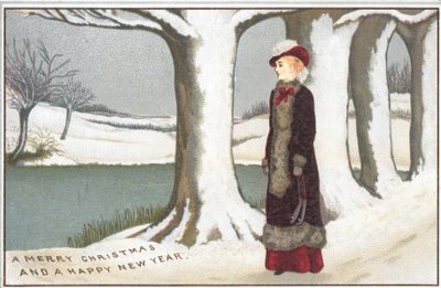 Dame stående ved søen, julekort af English School