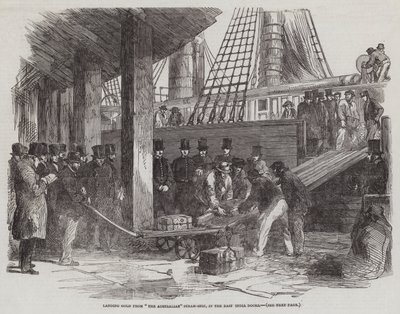 Lander guld fra "Det australske" dampskib, i East India Docks (gravering) af English School