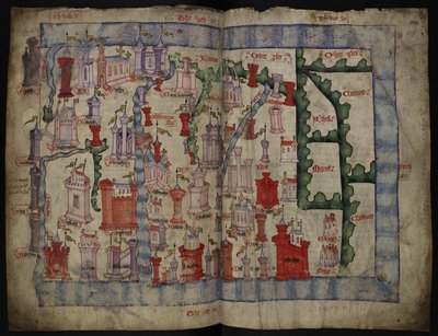 Lansdowne 204 ff.225v & 226 Kort over Skotland af John Harding, ca. 1450 (blæk & tempera på pergament) af English School