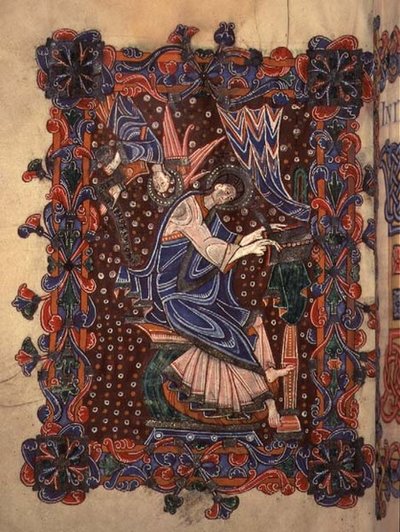 Lat 14782 f.16v St. Matthæus skriver sit evangelium, c.1080 (vellum) af English School