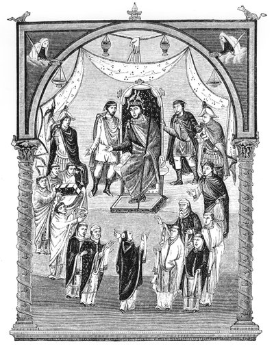 Lat 1 f.423r Karl den Skaldede, konge af Frankrig (823-77) på tronen, bestilt af abbed Vivian fra klostret St. Martin i Tours, fra Karl den Skaldedes første bibel, 843-51, illustration af English School