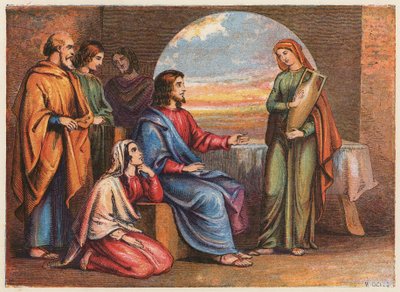 Lazarus og hans søstre (farvelitografi) af English School