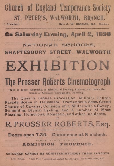 Folder, der reklamerer for en udstilling af Prosser Roberts Cinematograph af English School