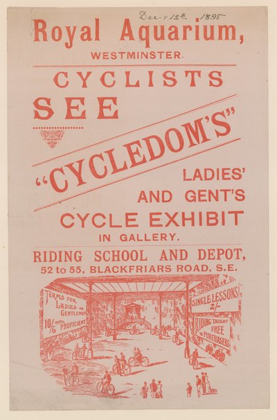 Folder, der annoncerer Cycledoms Ladies and Gents Cycle Exhibit på Royal Aquarium af English School