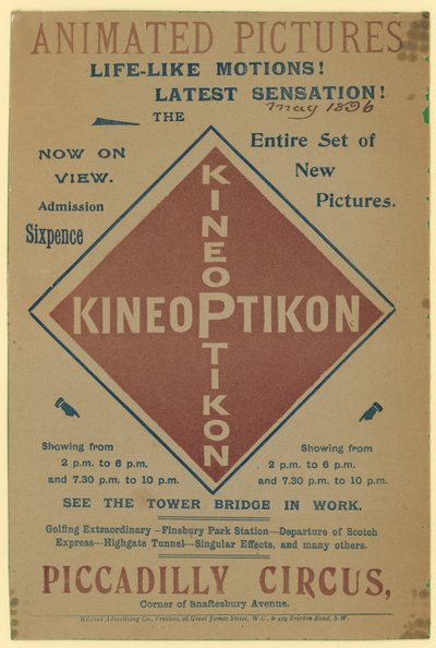 Folder, der reklamerer for Kineoptikon, Piccadilly Circus af English School