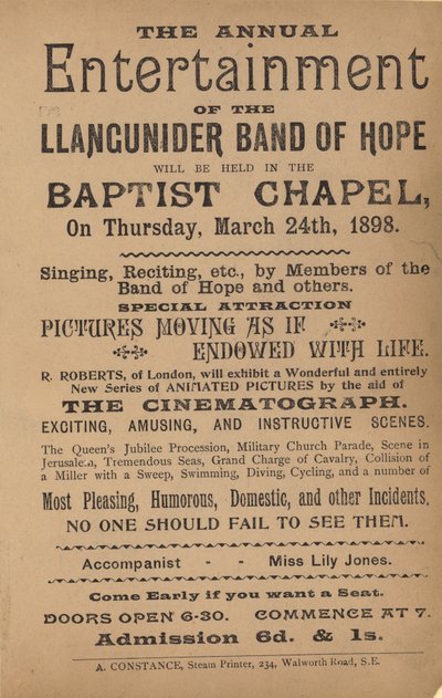 Folder, der reklamerer for den årlige underholdning af Llangunider Band of Hope af English School