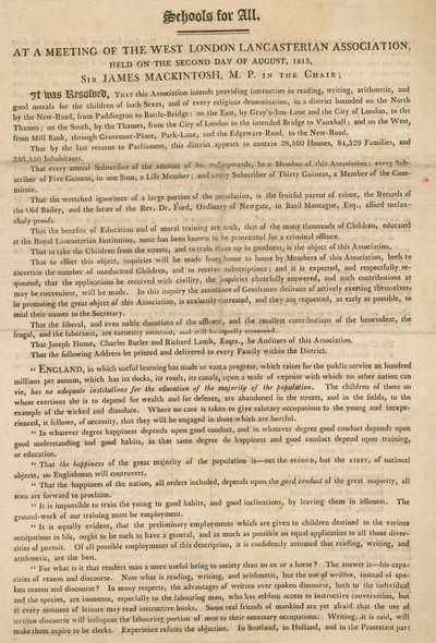 Folder, der forklarer en beslutning fra West London Lancasterian Association om at begynde at give undervisning til børn, august 1813 af English School
