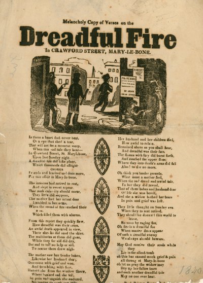 Folder med vers, der vedrører en brand i Crawford Street, Marylebone, London af English School