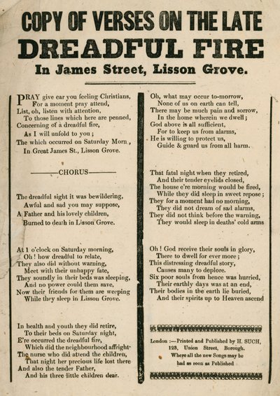 Folder med vers, der vedrører en brand i James Street, Lisson Grove, London af English School