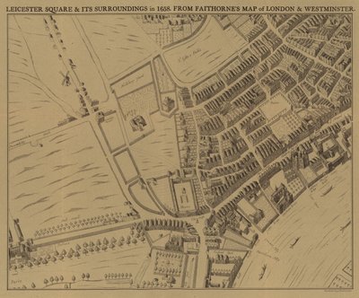 Leicester Square og dens omgivelser i 1658 af English School