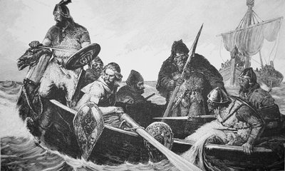 Leif Ericson opdager kysten af Vinland den Gode, sandsynligvis Newfoundland (gravering) af English School