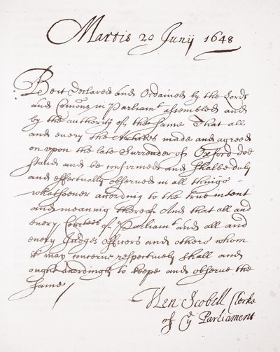 Brev af Henry Scobell, 20. juni 1648 af English School