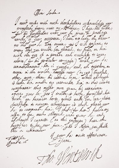 Brev af Thomas Wentworth, 16. april 1612 af English School