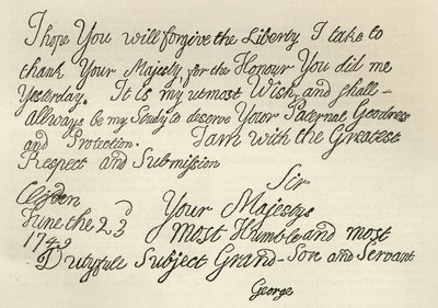 Brev fra George III til sin bedstefar kongen, 23. juni 1749, offentliggjort i "Leisure Hour", 1891 (litografi) af English School