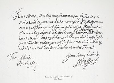 Brev fra Lord Strafford til sin kone, fra Tower of London, 4. februar 1640 af English School