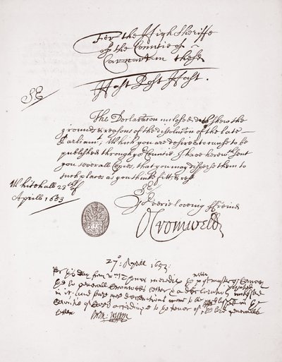 Brev fra Oliver Cromwell, april 1653 af English School