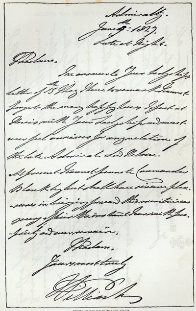 Brev fra William IV til Lady Nelson, 1827, offentliggjort i 