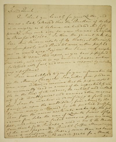 Brev fra William Woodfall (1746-1803) til skuespilleren John Quick (1748-1831) vedrørende John Hendersons positive anmeldelser på Haymarket af English School