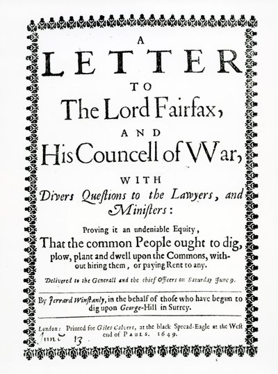 Brev til Lord Fairfax fra Gerrard Winstanley (ca. 1609-60) på vegne af Diggers i St. George Hill, Surrey, trykt 1649 af English School