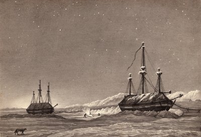 Løjtnant William Parrys første rejse: H.M.S. Hecla og H.M.S. Griper i Winter Harbour, ca. 1819 (pen & blæk og vask på papir) af English School