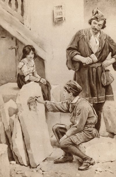 Lille Michael Angelo tegner et portræt (farve litho) af English School