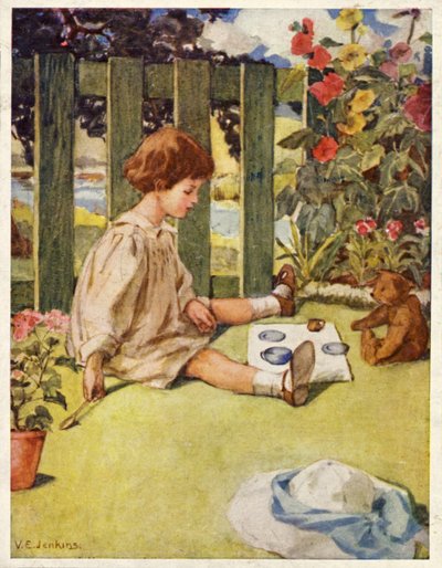 Lille pige leger med te i haven med sin bamse (farve litho) af English School