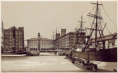 Liverpool: Waterloo Dock og kornlagre (litografi) af English School