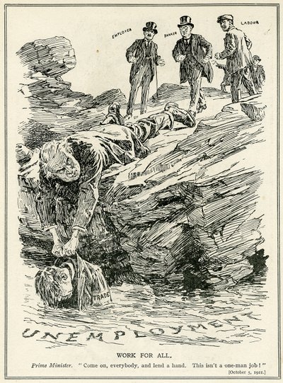 Lloyd George beder arbejdsgivere, bankfolk og arbejdskraft om at samarbejde for at besejre arbejdsløsheden, 1921 af English School