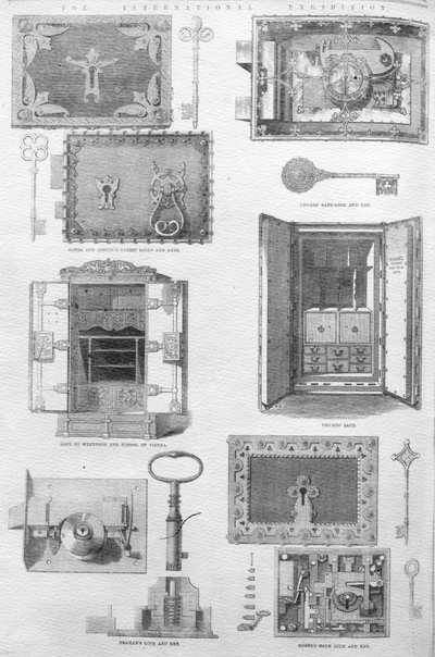 Låse og pengeskabe udstillet på den store udstilling i 1862, illustration fra The Illustrated London News, 15. november 1862 af English School