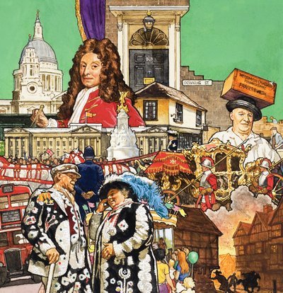 London Montage (gouache på papir) af English School