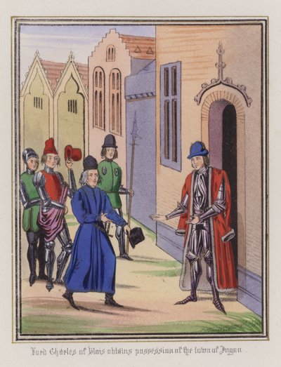 Lord Charles of Blois får byen Jugon i besiddelse (farvet gravering) af English School