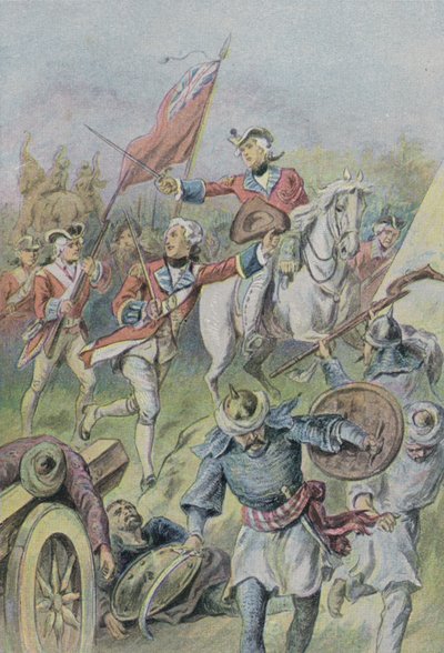 Lord Clive kommanderede briterne i slaget ved Plassey, Indien, 1757 af English School
