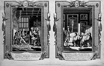 Lord Cromwell præsenterer biblen for Henry VIII og biskopper, der fremlægger begæring til James II i 1688, fra 