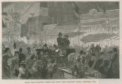 Lord Shaftesbury geht zur Eröffnung der Costers Hall, Hoxton, London, 1875 von English School