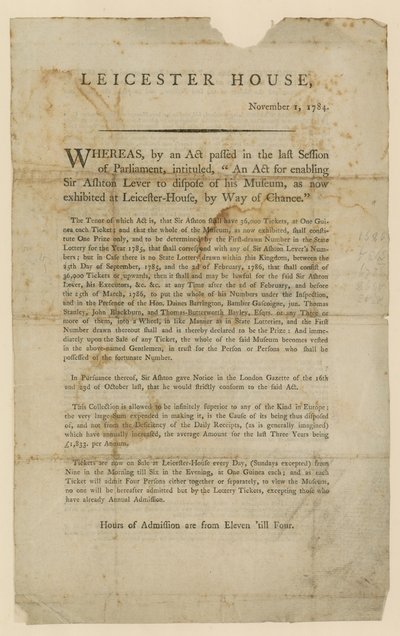 Lotteri til bortskaffelse af Sir Ashton Levers Museum, 1784 af English School