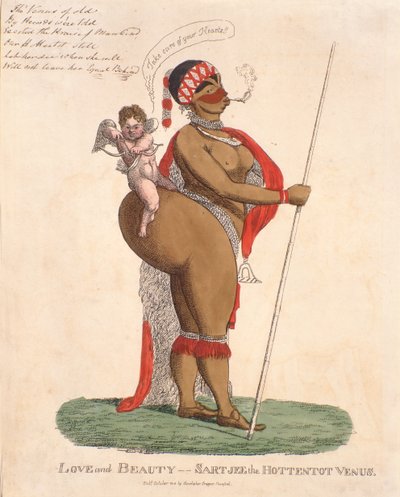 Kærlighed og skønhed - Sartjee the Hottentot Venus, 1810 (håndfarvet gravering) af English School