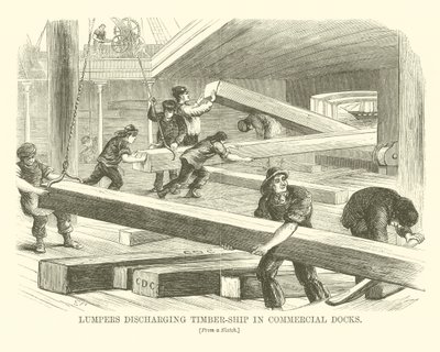 Klumper, der losser træskibe i handelshavne (gravering) af English School