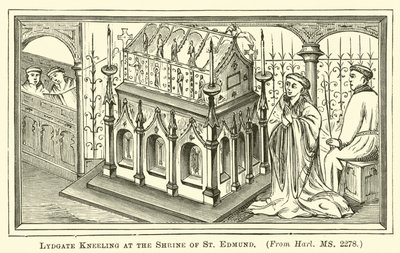 Lydgate knæler ved Shrine of St Edmund af English School