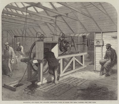 Maskiner til at tage Atlantic Telegraph Cable ombord på Great Eastern (gravering) af English School