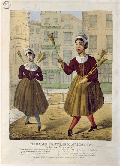 Madame Vestris og Mr Liston i deres Duet Buy a Broom, pub. af Ingrey & Madeley, 1826 af English School