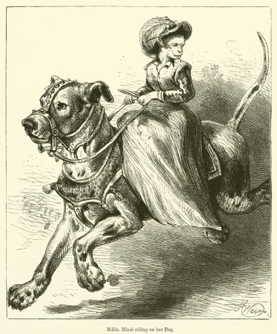 Mademoiselle Minie rider på sin hund (gravering) af English School