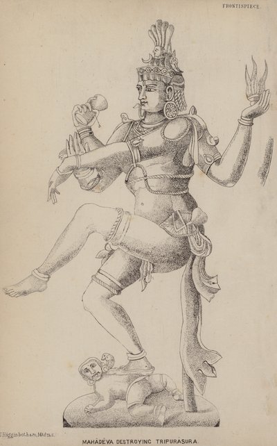 Mahadeva ødelægger Tripurasura (gravering) af English School