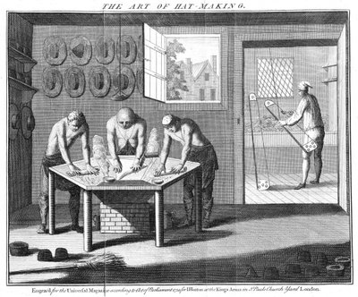 Fremstilling af bæverhatte, fra The Universal Magazine, London, pub. i 1750 af English School